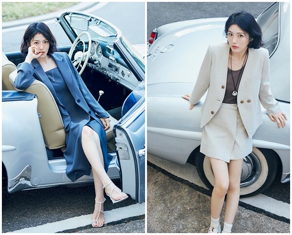 오픈카에 앉은 네이비 드레스 컷과 베이지 재킷 컷 합성